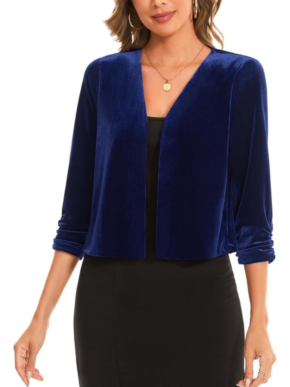 Chic Women's Velvet Ruched Bolero Shrug Top with 3/4 Sleeves for Dresses
